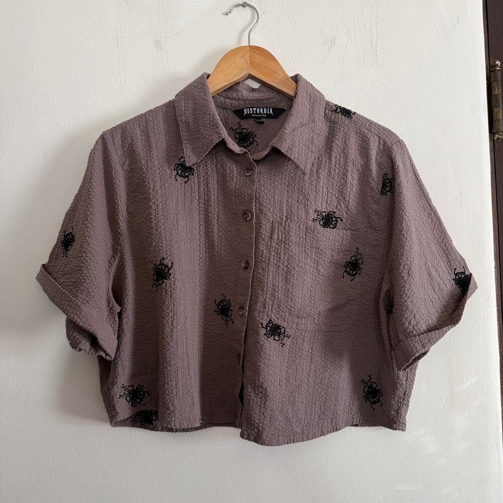 DISTURBIA | Taupe Brown Stag Beetle Embroidered Button Up Cropped Shirt | US 14